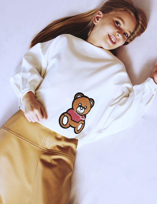 Incity Kız Çocuk Oversize Geniş Kalıp Bisiklet Yaka Ayıcık Desenli Kazak