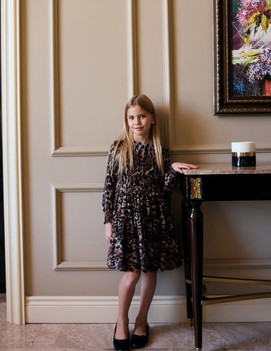 Incity Kız Çocuk Siyah Leopar Desen Fırfırlı Elbise