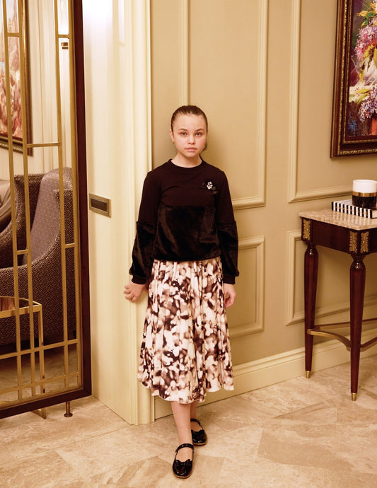 Incity Kız Çocuk Pileli Desenli Bej Midi Etek