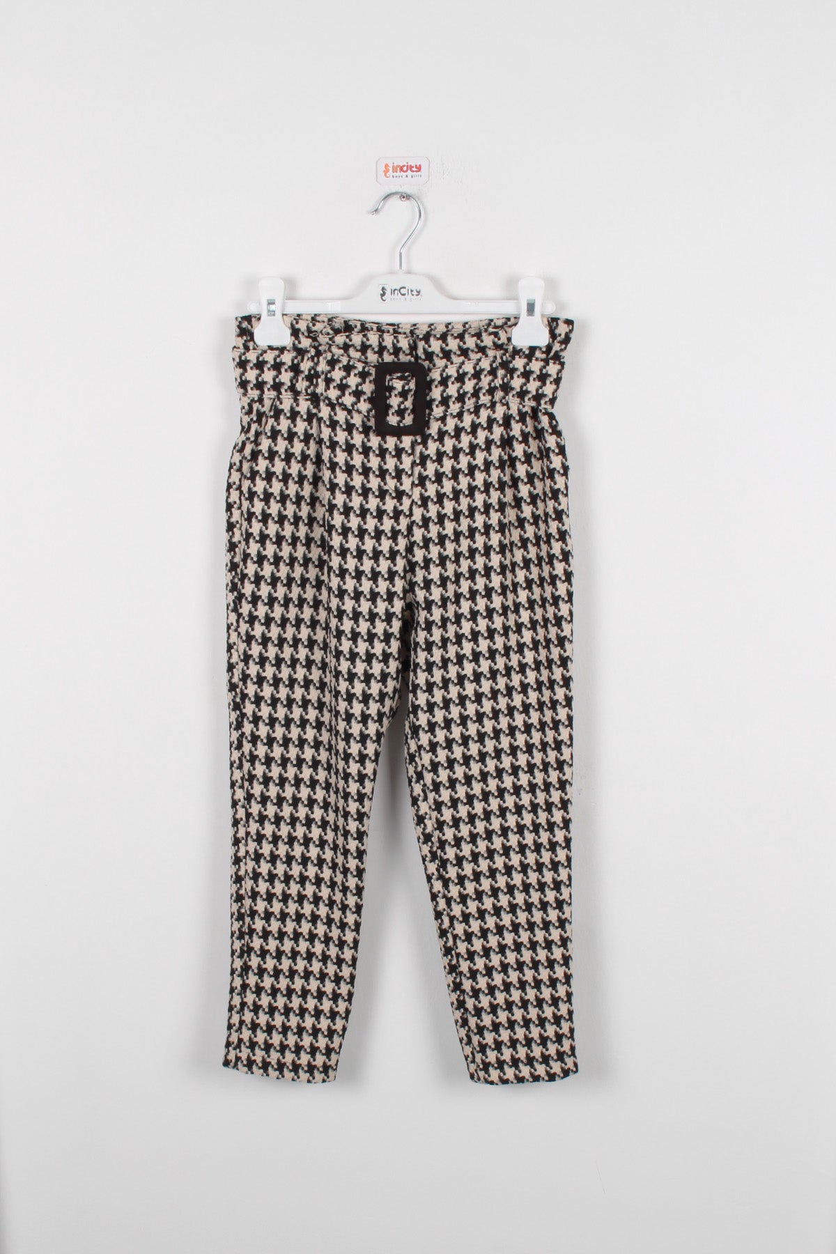 InCity Kids Kız Çocuk Kazayağı Desenli Kemerli Pantolon