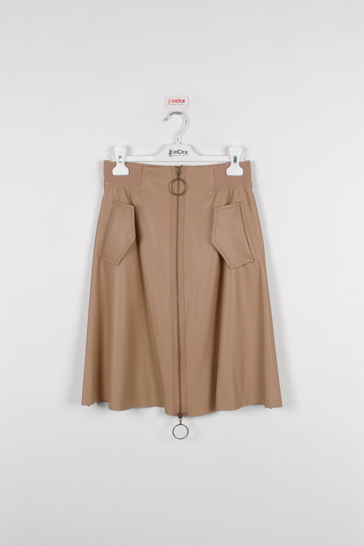 InCity Kids Kız Çocuk Cepli Önü Fermuarlı Diz Altı Suni Deri Etek