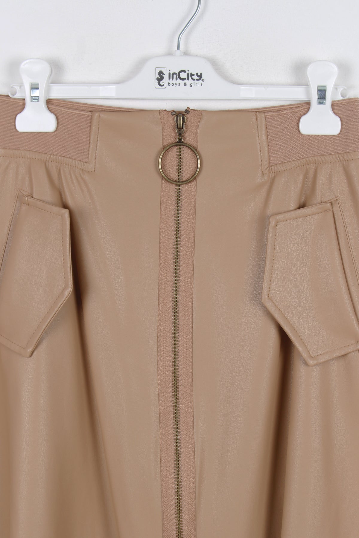 InCity Kids Kız Çocuk Cepli Önü Fermuarlı Diz Altı Suni Deri Etek