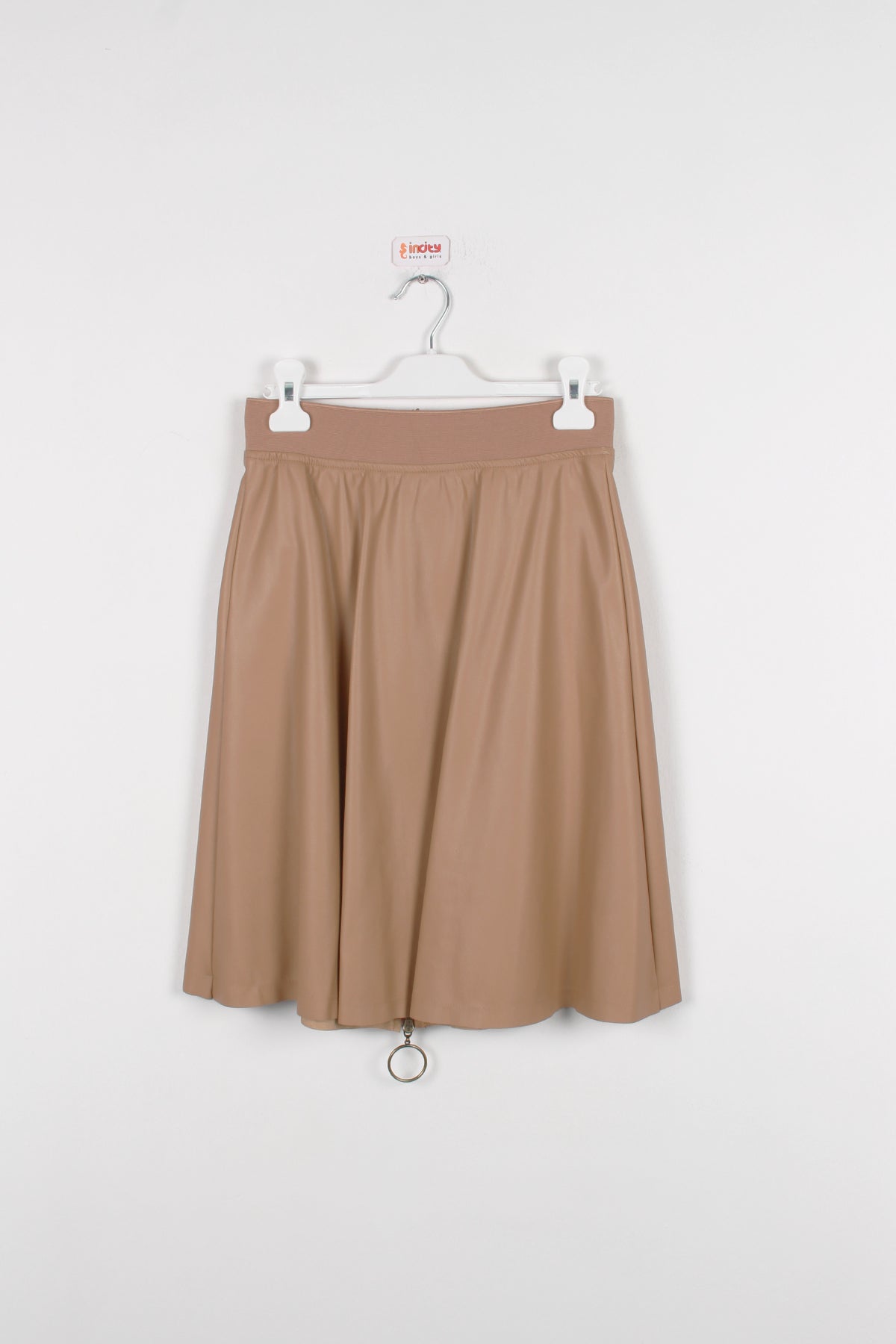 InCity Kids Kız Çocuk Cepli Önü Fermuarlı Diz Altı Suni Deri Etek