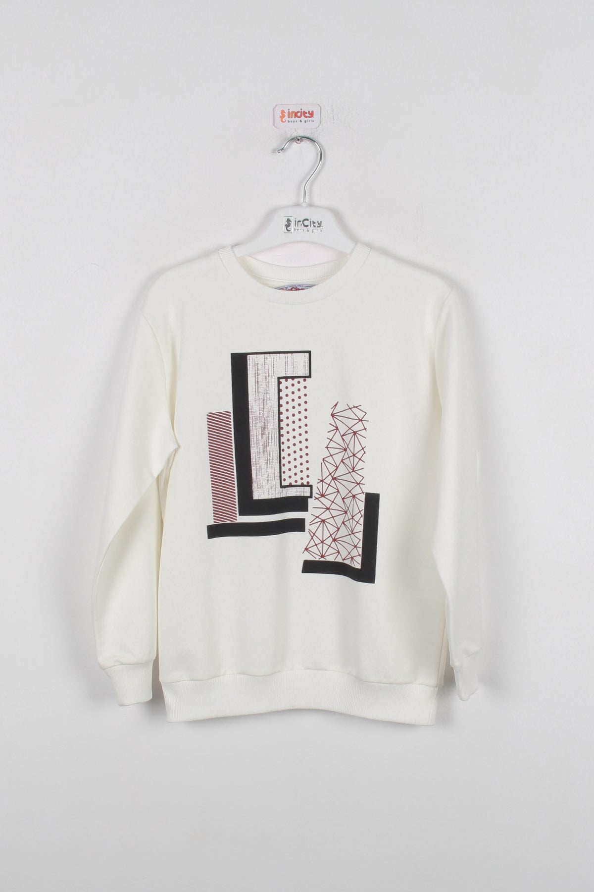 InCity Kids Erkek Çocuk Geometrik Desen Baskılı Ekru Sweatshirt