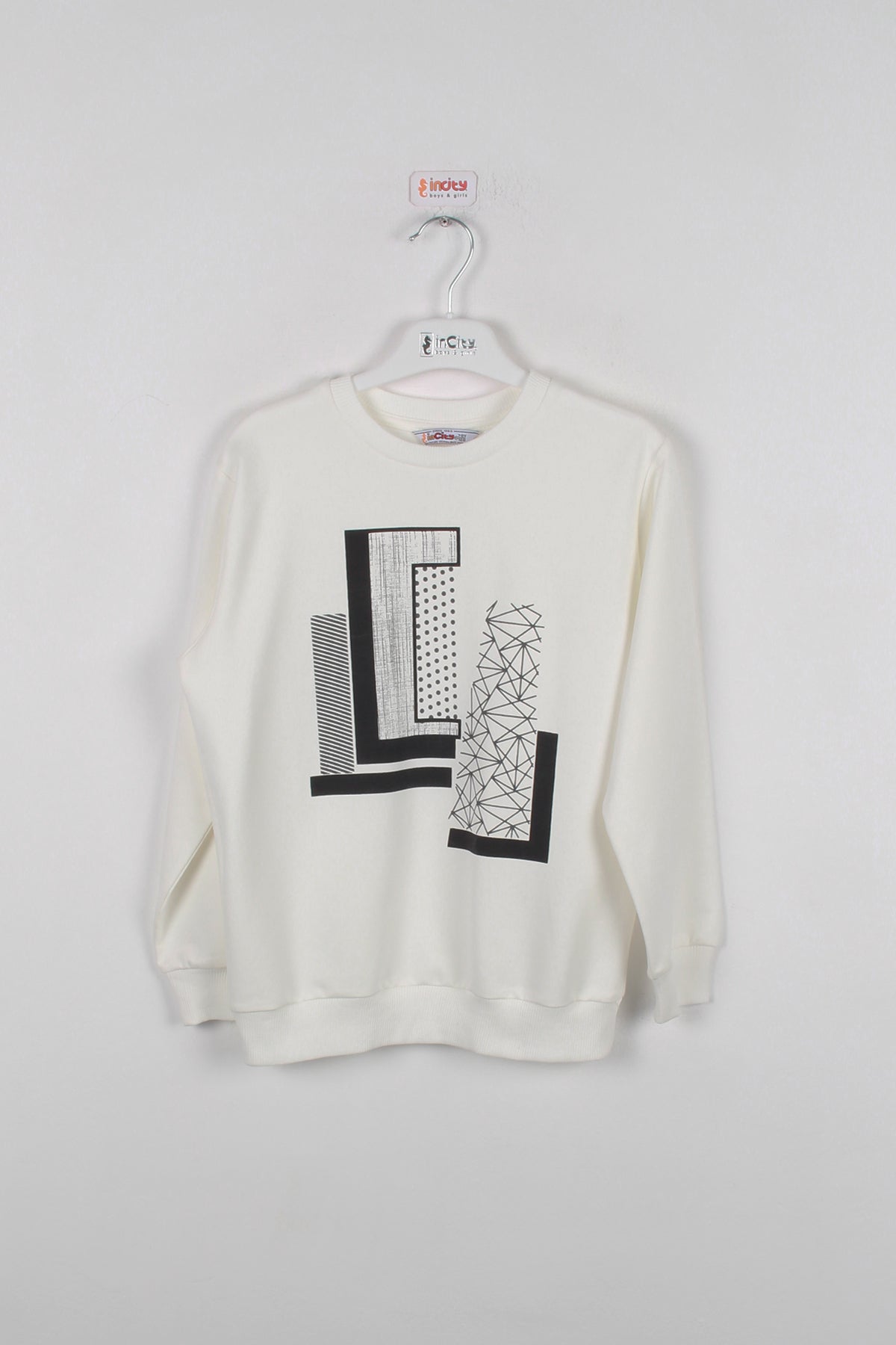 InCity Kids Erkek Çocuk Geometrik Desen Baskılı Ekru Sweatshirt