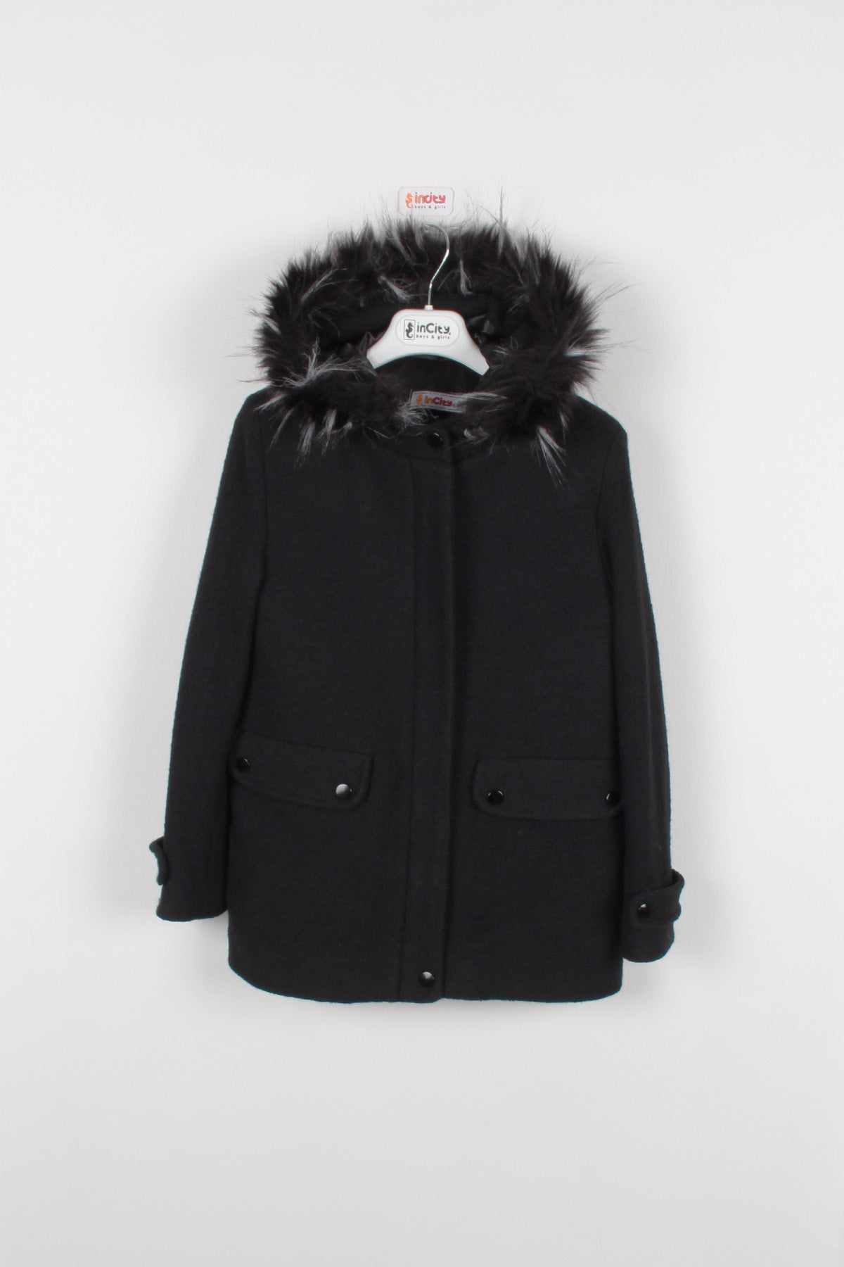 InCity Kids Kız Çocuk Kürk Kapüşonlu Kaşe Kaban