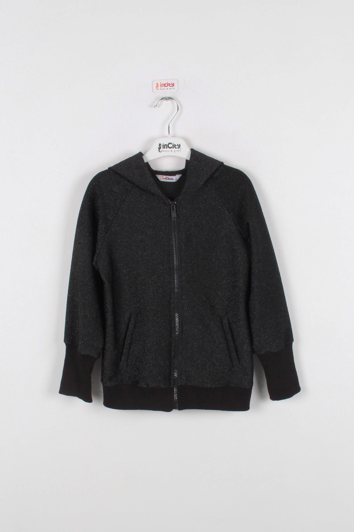 InCity Kids Kız Çocuk Kapüşonlu Fermuarlı Simli Eşofman Üst