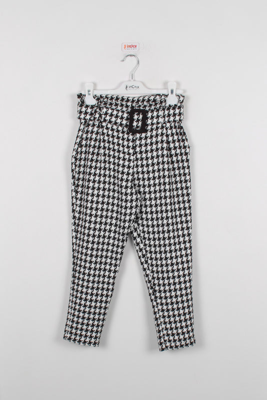 InCity Kids Kız Çocuk Kazayağı Desenli Kemerli Pantolon