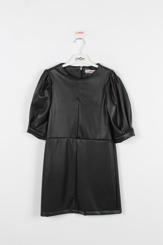 InCity Kids Kız Çocuk Yarım Kol Suni Deri Elbise