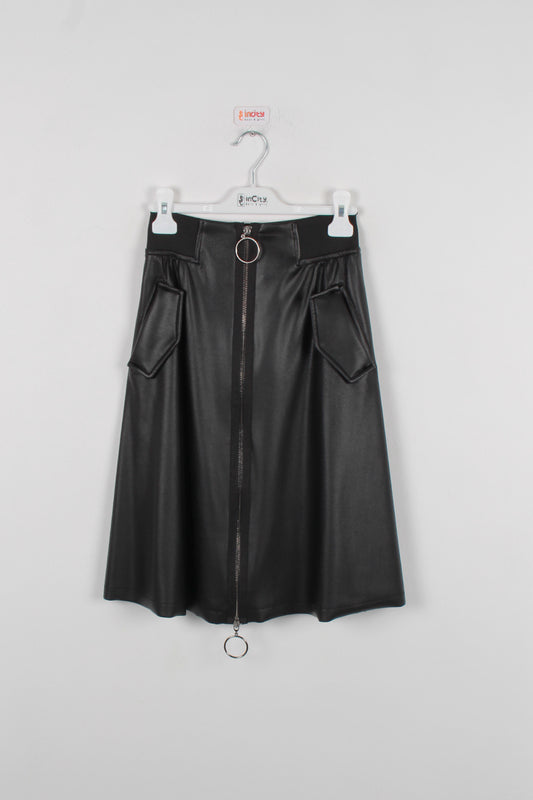 InCity Kids Kız Çocuk Cepli Önü Fermuarlı Diz Altı Suni Deri Etek