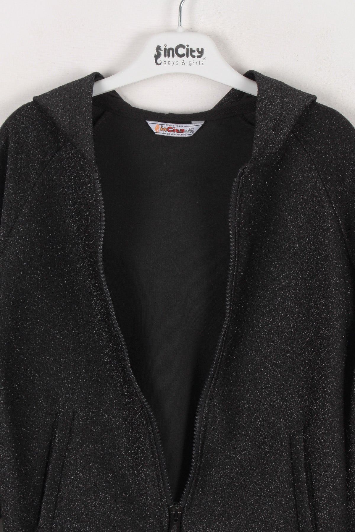 InCity Kids Kız Çocuk Kapüşonlu Fermuarlı Simli Eşofman Üst