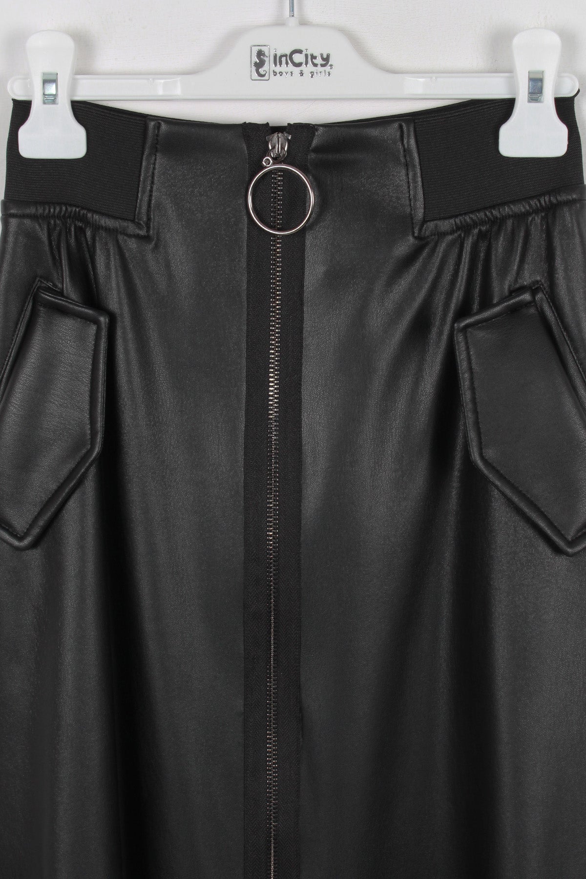 InCity Kids Kız Çocuk Cepli Önü Fermuarlı Diz Altı Suni Deri Etek