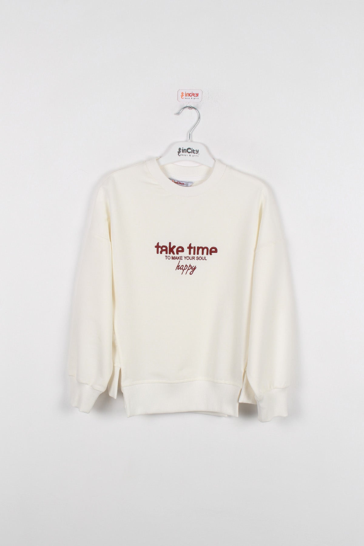 InCity Kids Kız Çocuk Oversize Kesim Take Time Ekru Sweatshirt