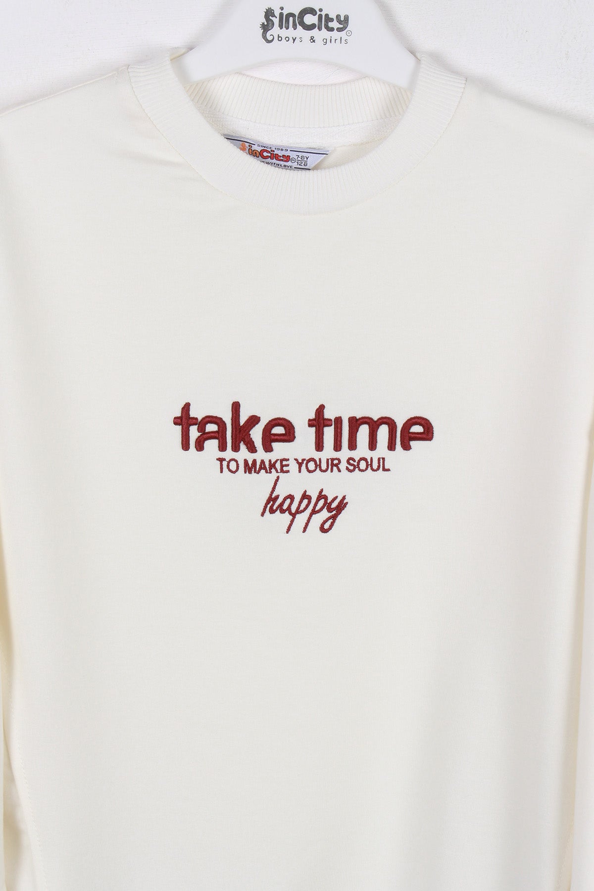 InCity Kids Kız Çocuk Oversize Kesim Take Time Ekru Sweatshirt