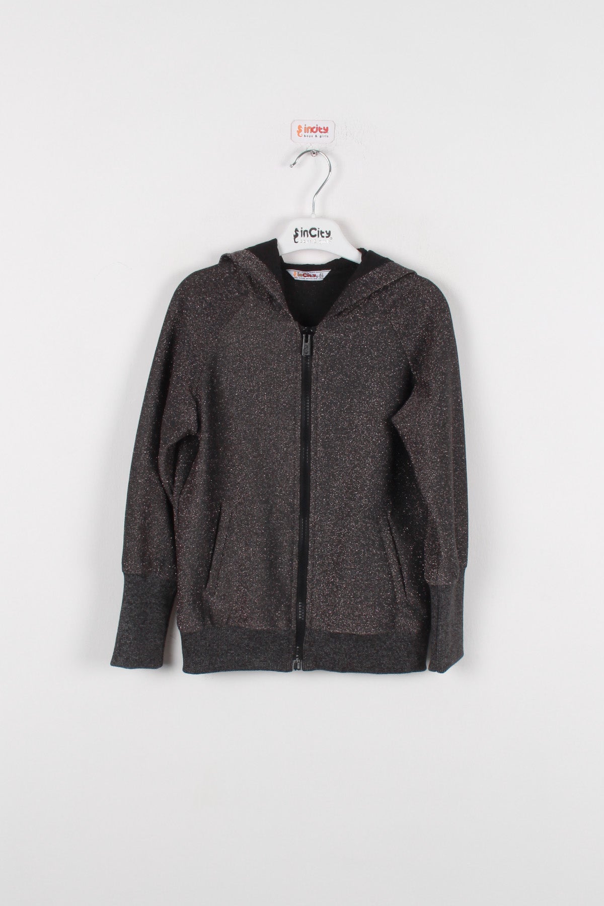 InCity Kids Kız Çocuk Kapüşonlu Fermuarlı Simli Eşofman Üst