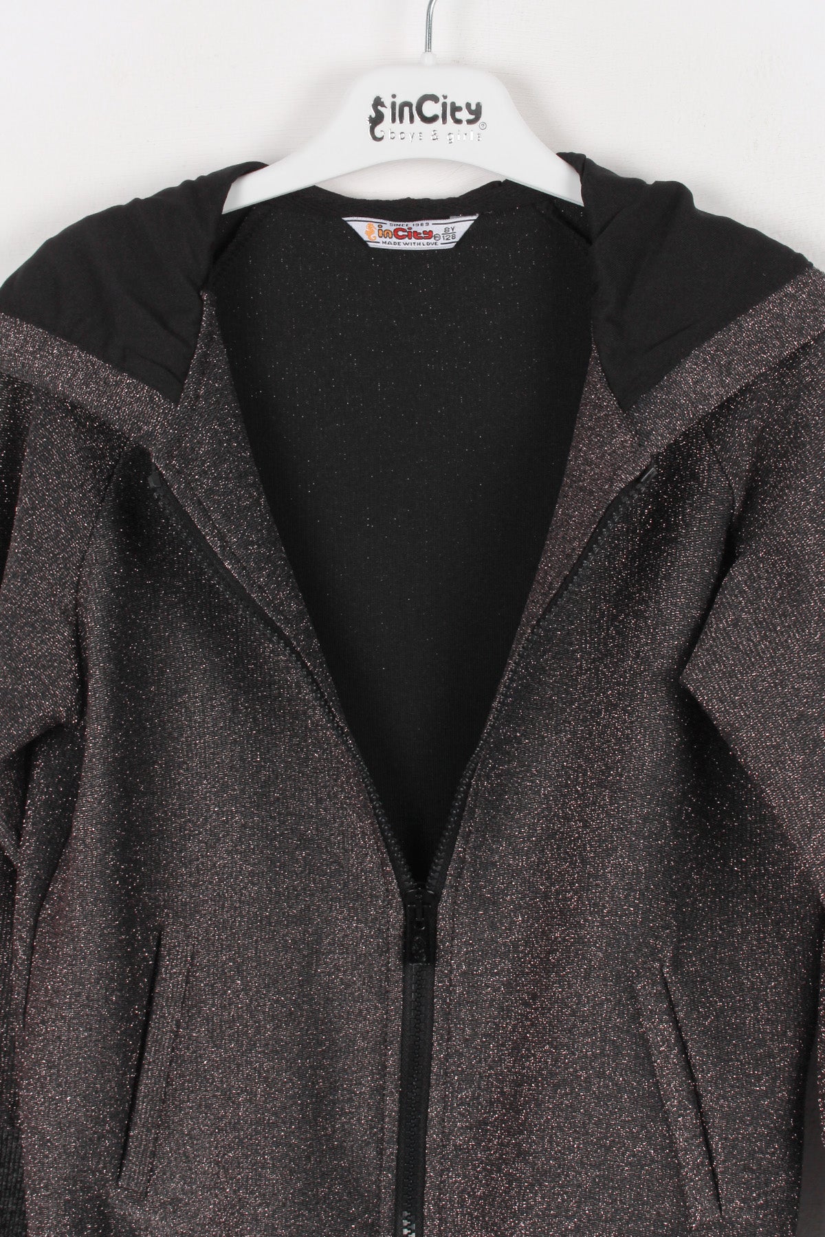 InCity Kids Kız Çocuk Kapüşonlu Fermuarlı Simli Eşofman Üst