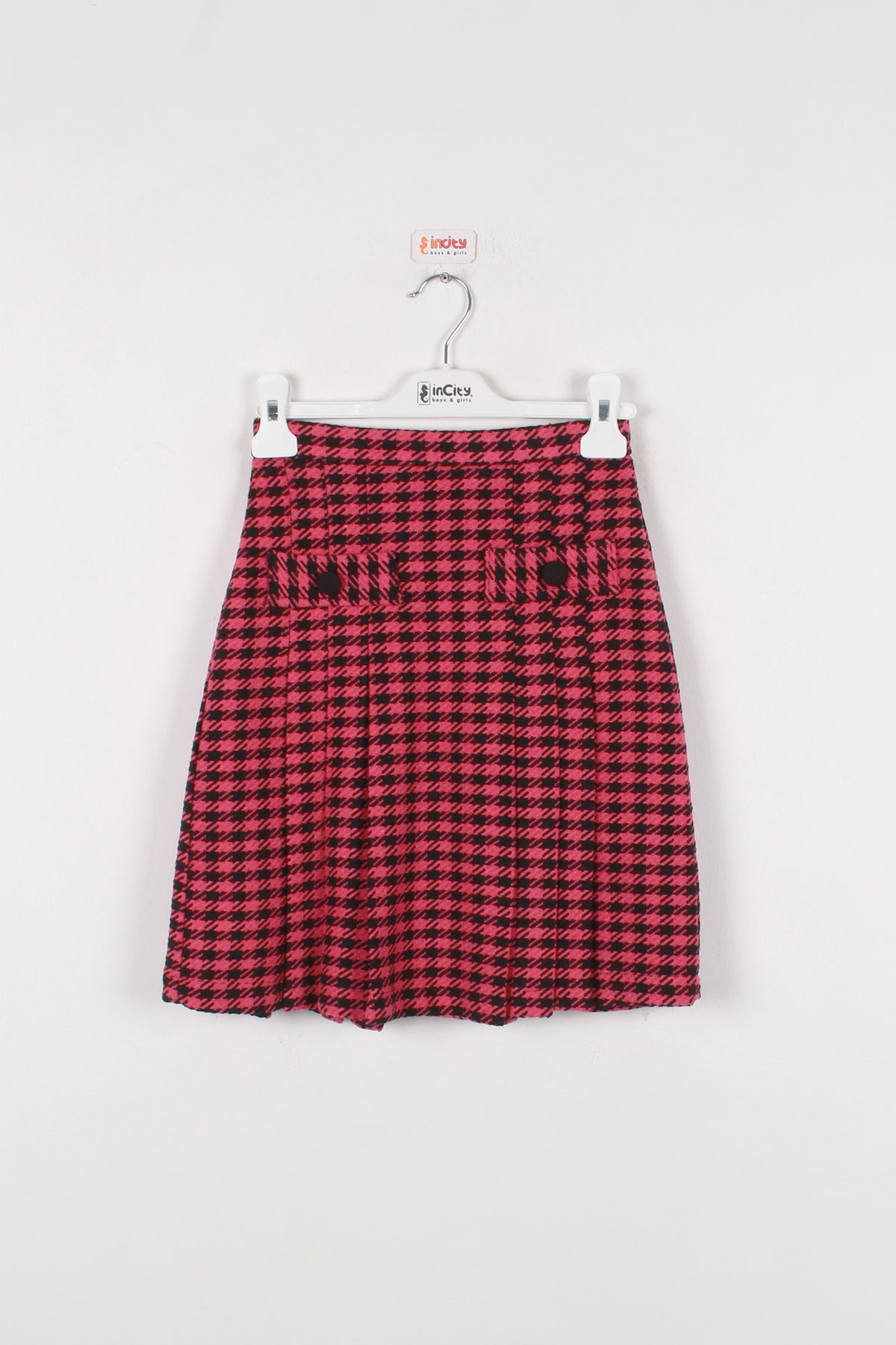 InCity Kids Kız Çocuk Kazayağı Desenli Cep Detaylı Diz Üstü Pileli Etek