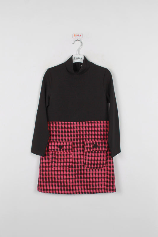 InCity Kids Kız Çocuk Kazayağı Desenli Cep Detaylı Elbise