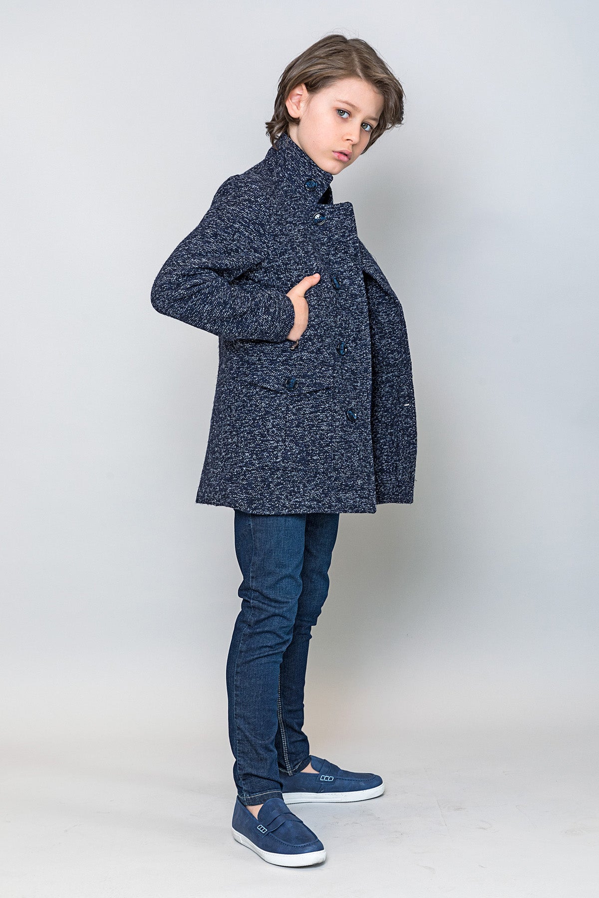 InCity Kids Erkek Çocuk Kendinden Desenli Yün Kaşe Kaban