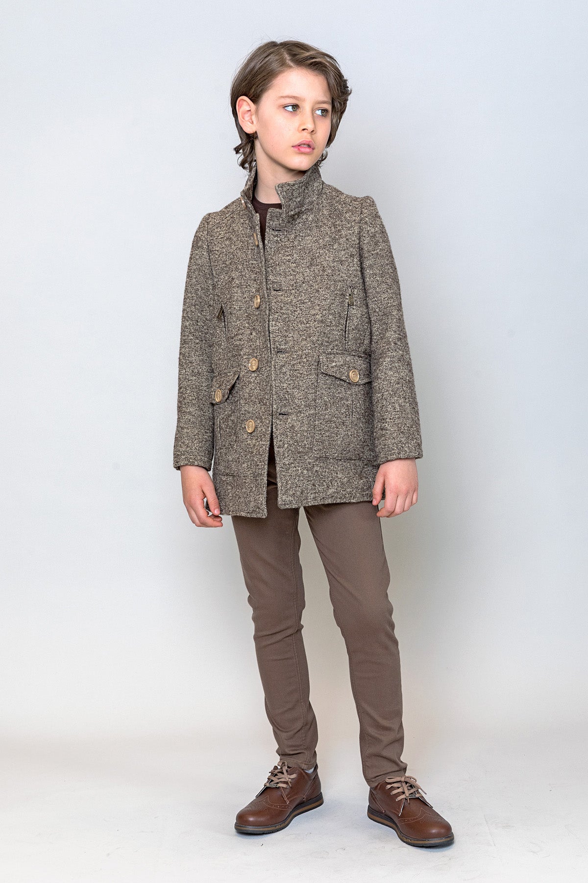 InCity Kids Erkek Çocuk Kendinden Desenli Yün Kaşe Kaban