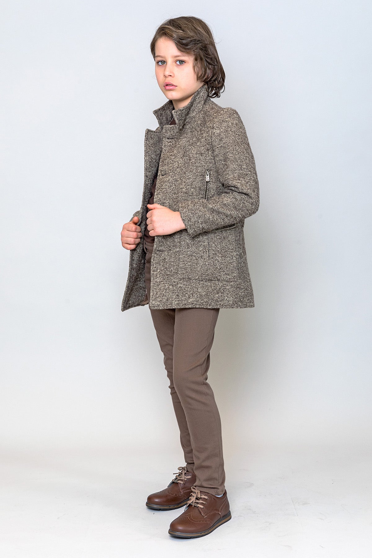 InCity Kids Erkek Çocuk Kendinden Desenli Yün Kaşe Kaban