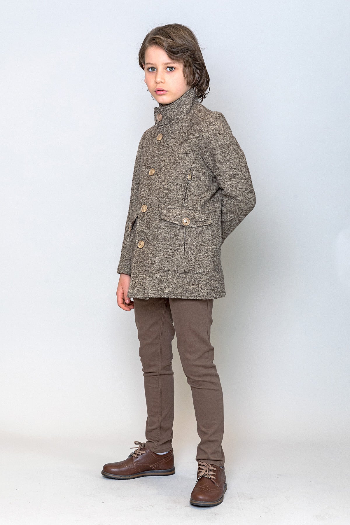 InCity Kids Erkek Çocuk Kendinden Desenli Yün Kaşe Kaban