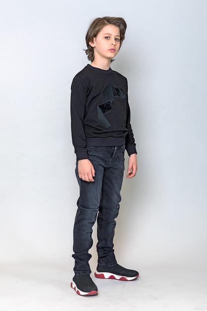 InCity Kids Erkek Çocuk Nakışlı ve Peluşlu Geometrik Desenli Sweatshirt