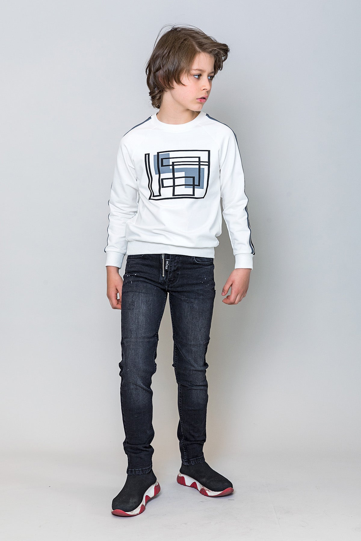 InCity Kids Erkek Çocuk Geometrik Baskılı Ekru Sweatshirt