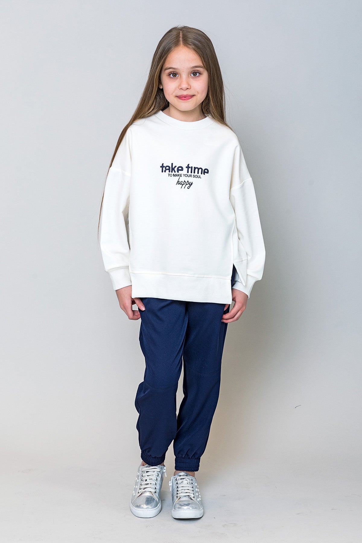 InCity Kids Kız Çocuk Oversize Kesim Take Time Ekru Sweatshirt