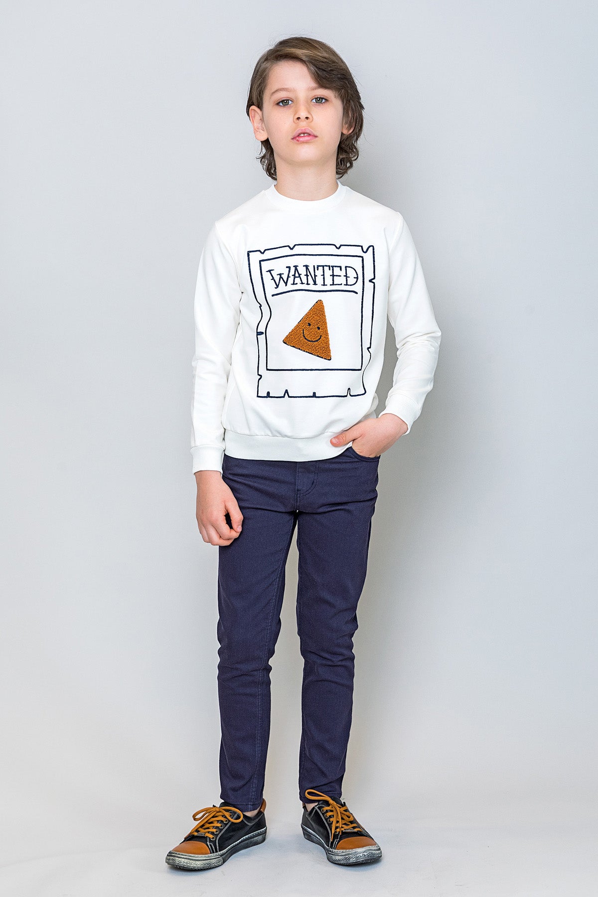 InCity Kids Erkek Çocuk Gülen Pizza Dilim Nakışlı Ekru Sweatshirt