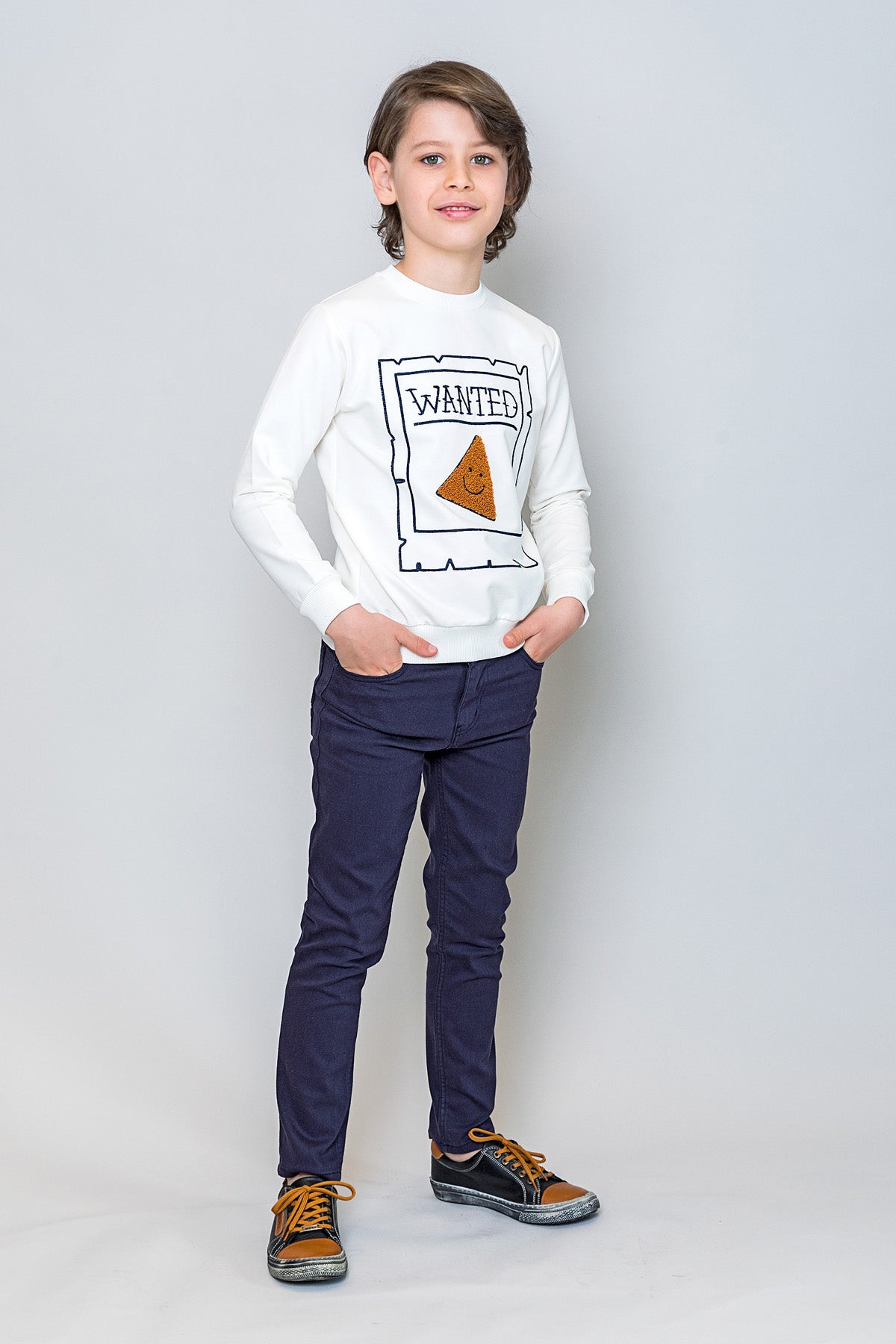 InCity Kids Erkek Çocuk Gülen Pizza Dilim Nakışlı Ekru Sweatshirt