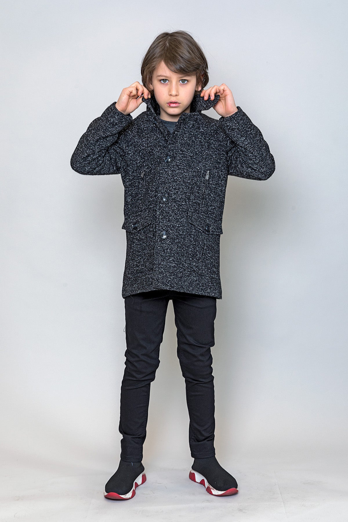 InCity Kids Erkek Çocuk Kendinden Desenli Yün Kaşe Kaban