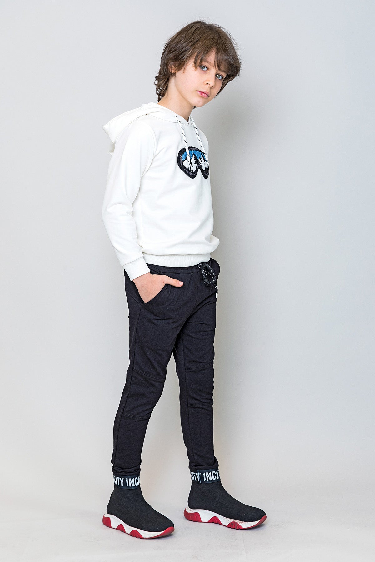 InCity Kids Erkek Çocuk Gözlük Nakışlı Kapüşonlu Sweatshirt