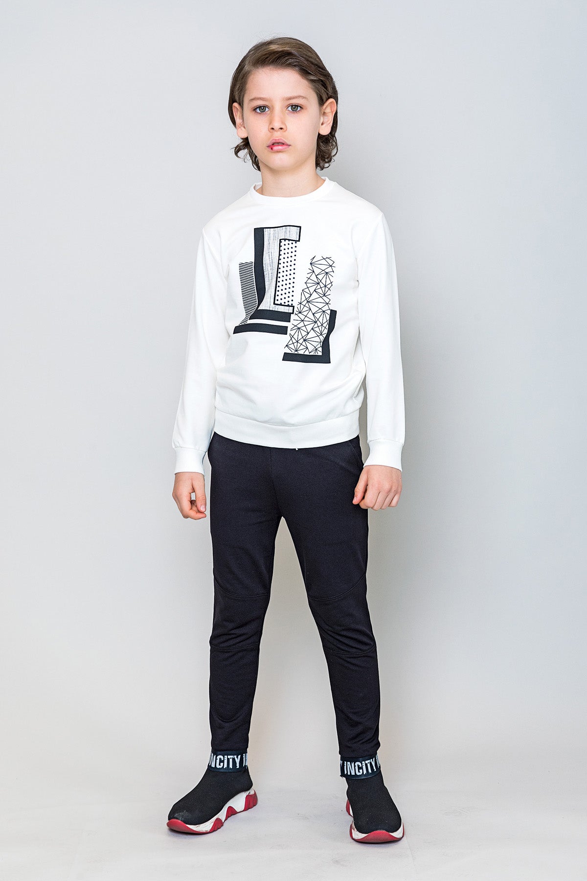 InCity Kids Erkek Çocuk Geometrik Desen Baskılı Ekru Sweatshirt
