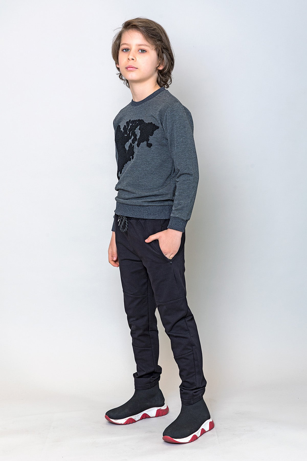 InCity Kids Erkek Çocuk Peluş Kuzey Amerika Haritası Detaylı Sweatshirt