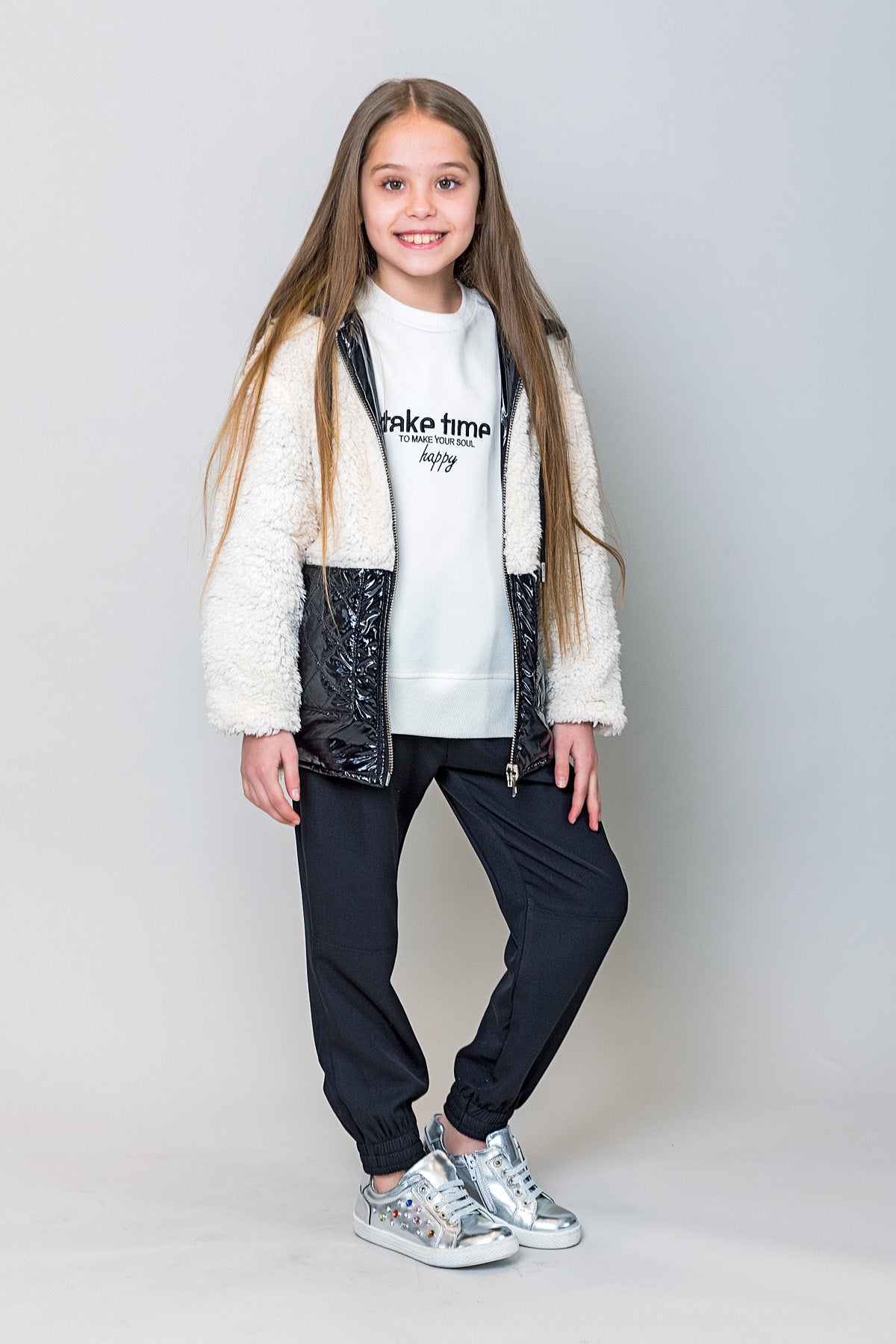 InCity Kids Kız Çocuk Oversize Kesim Take Time Ekru Sweatshirt