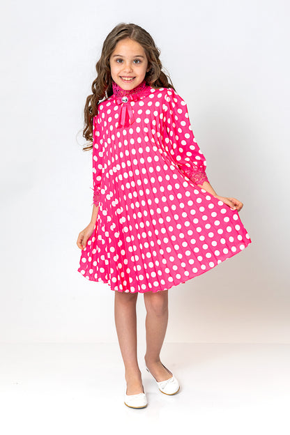 InCity Kids Girls Kurdele Yaka Puantiyeli Pileli Elbise