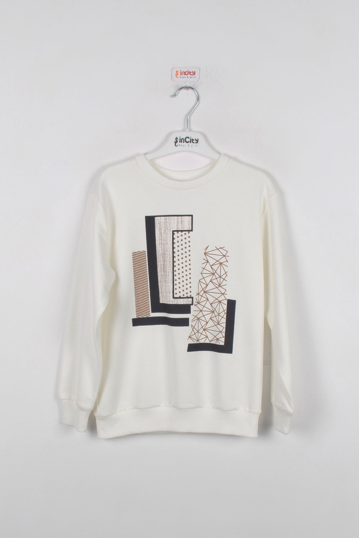 InCity Kids Erkek Çocuk Geometrik Desen Baskılı Ekru Sweatshirt