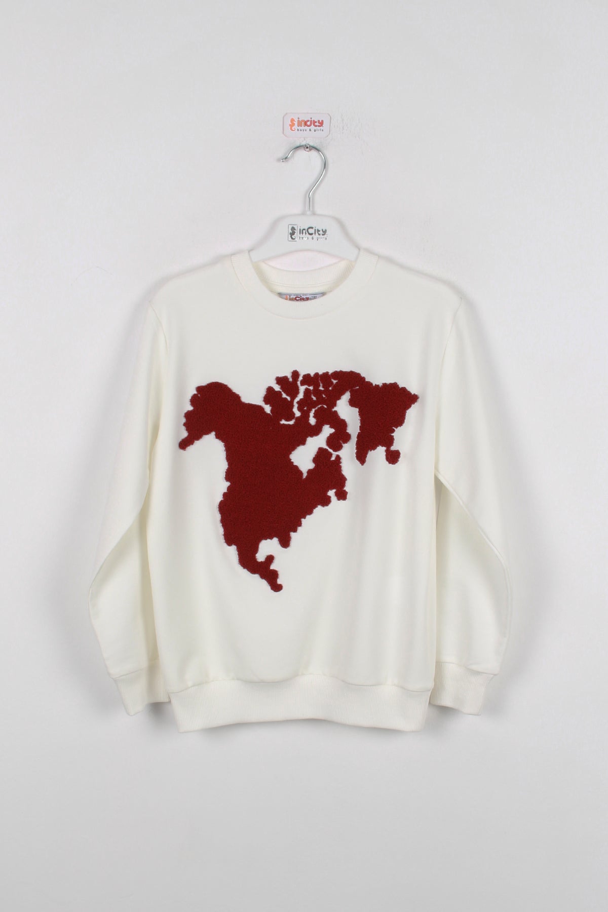 InCity Kids Erkek Çocuk Peluş Kuzey Amerika Haritası Detaylı Ekru Sweatshirt