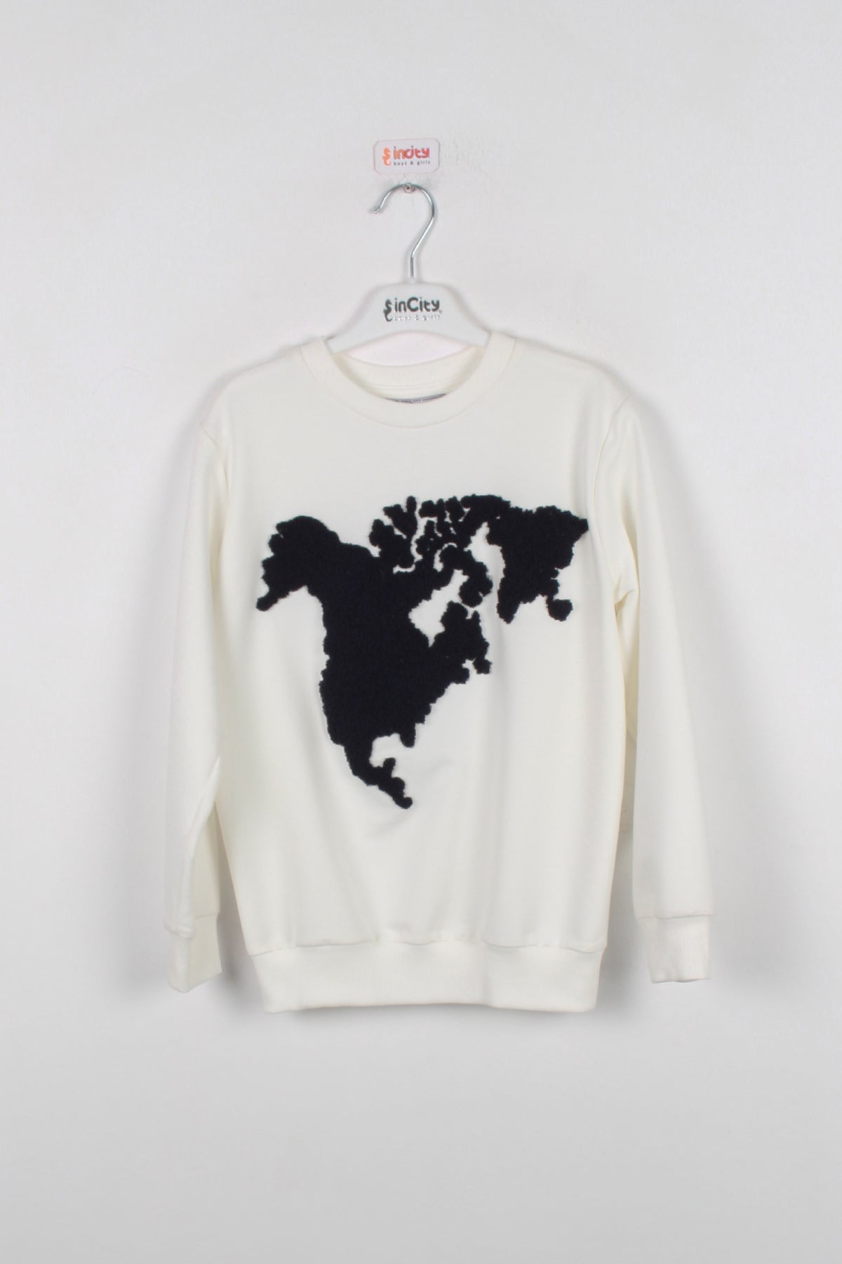 InCity Kids Erkek Çocuk Peluş Kuzey Amerika Haritası Detaylı Ekru Sweatshirt