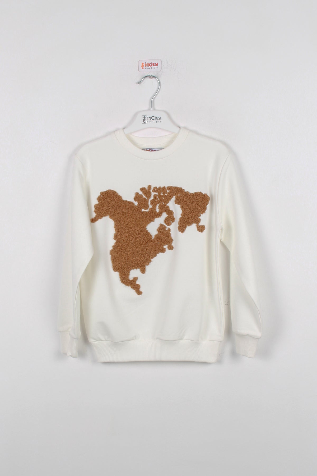 InCity Kids Erkek Çocuk Peluş Kuzey Amerika Haritası Detaylı Ekru Sweatshirt
