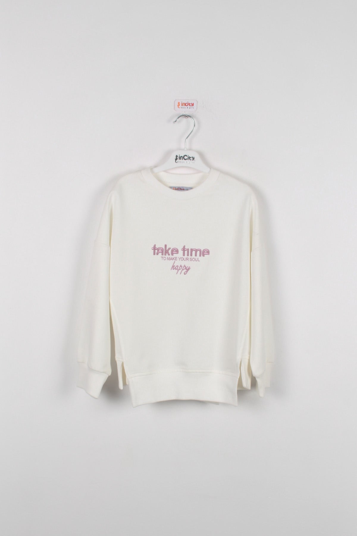 InCity Kids Kız Çocuk Oversize Kesim Take Time Ekru Sweatshirt