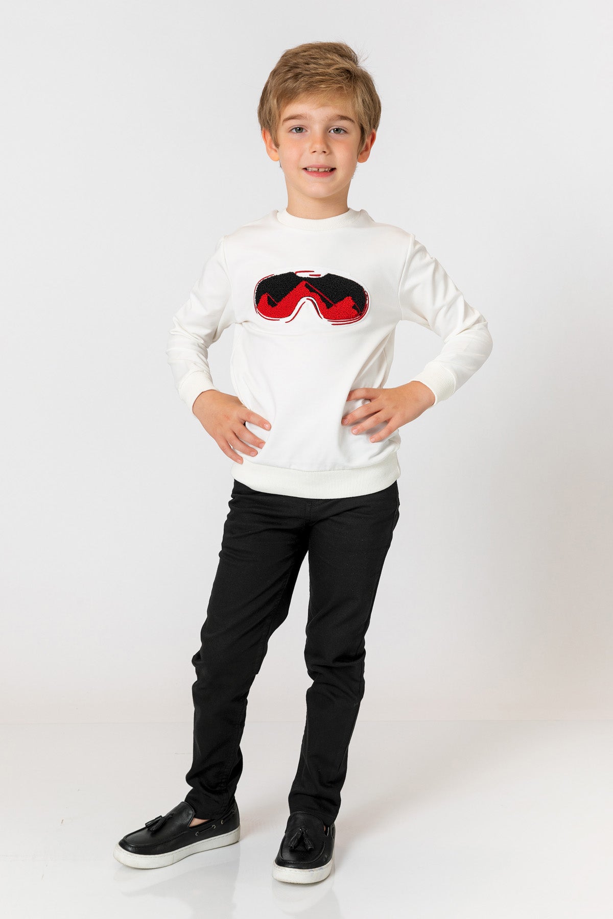 InCity Kids Erkek Çocuk Gözlük Nakışlı Detaylı Ekru Sweatshirt