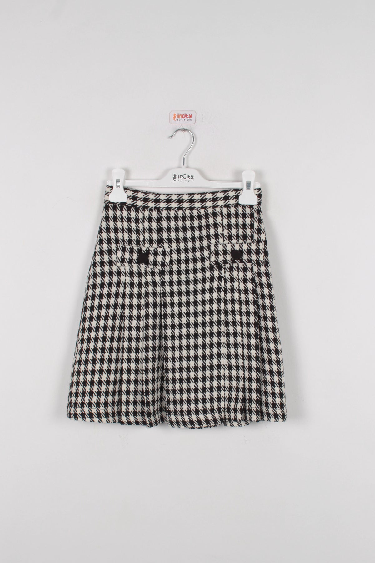 InCity Kids Kız Çocuk Kazayağı Desenli Cep Detaylı Diz Üstü Pileli Etek