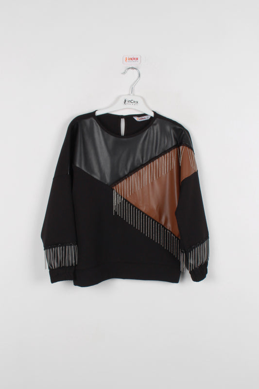 InCity Kids Kız Çocuk Uzun Kollu İki Renk Deri Bluz