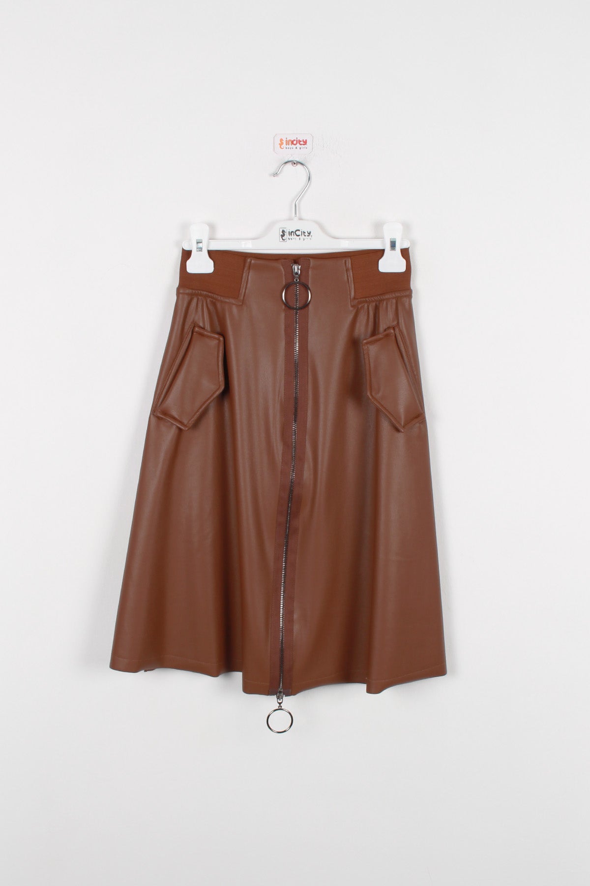 InCity Kids Kız Çocuk Cepli Önü Fermuarlı Diz Altı Suni Deri Etek