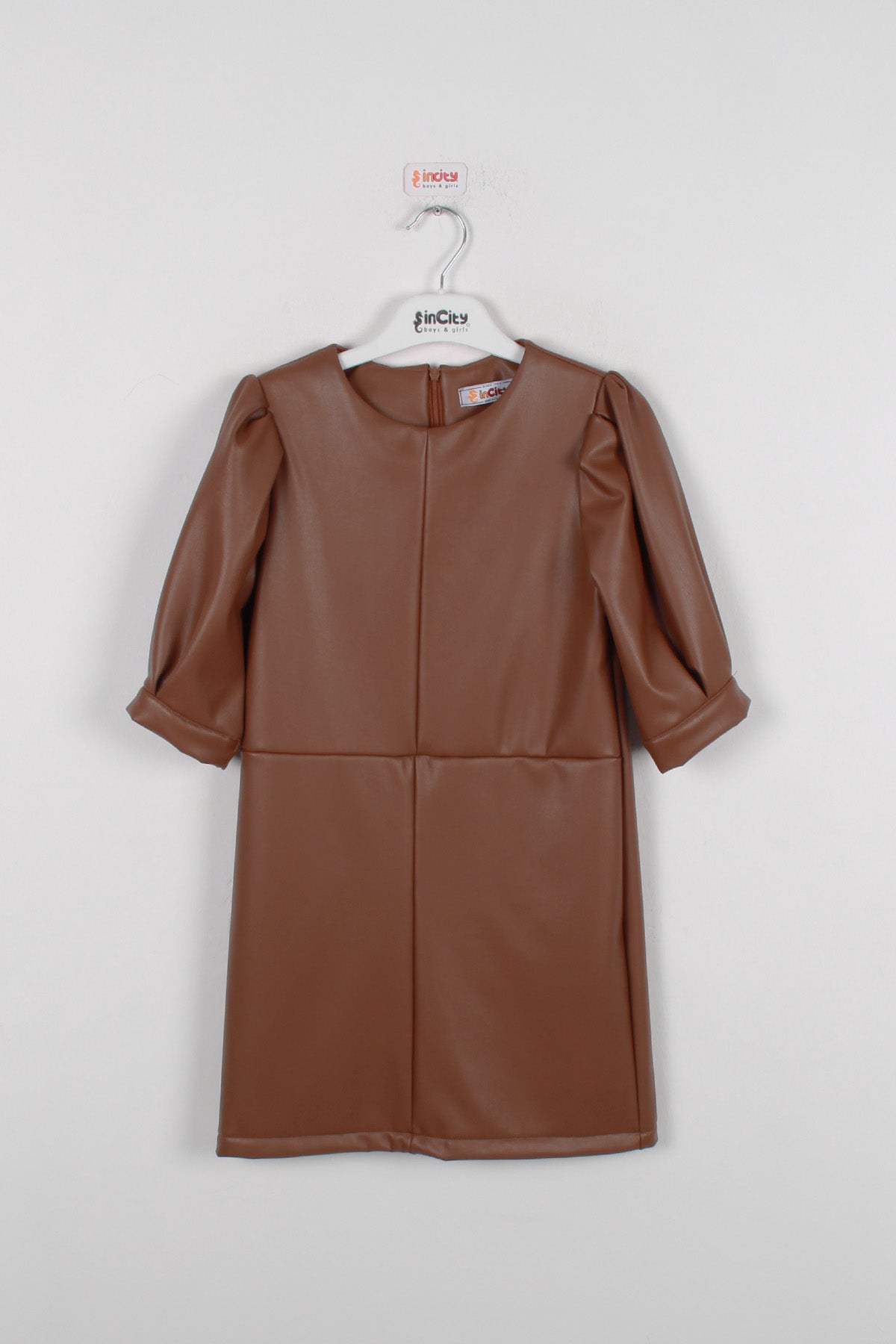 InCity Kids Kız Çocuk Yarım Kol Suni Deri Elbise