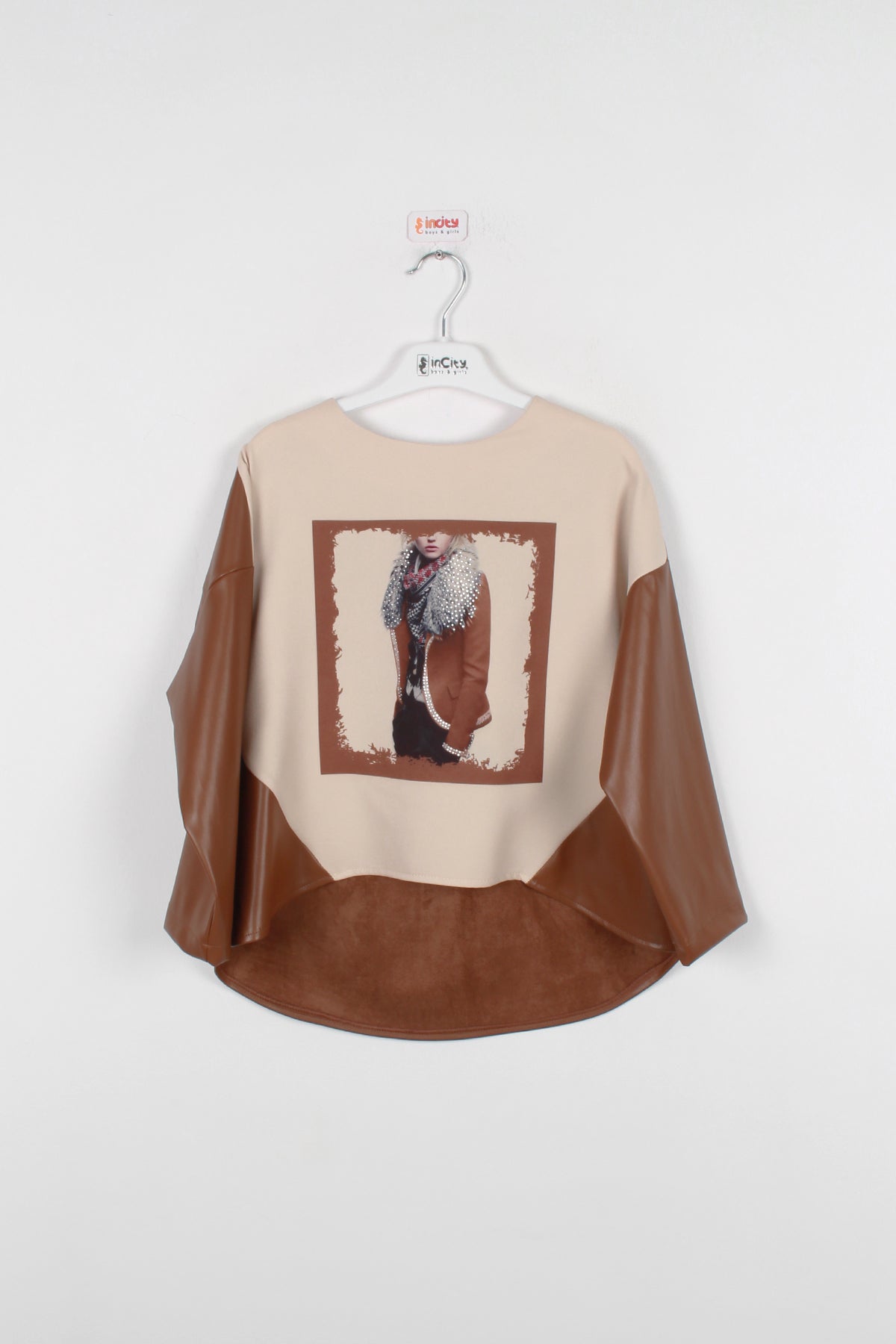 InCity Kids Kız Çocuk Uzun Kollu Baskılı Deri Bluz