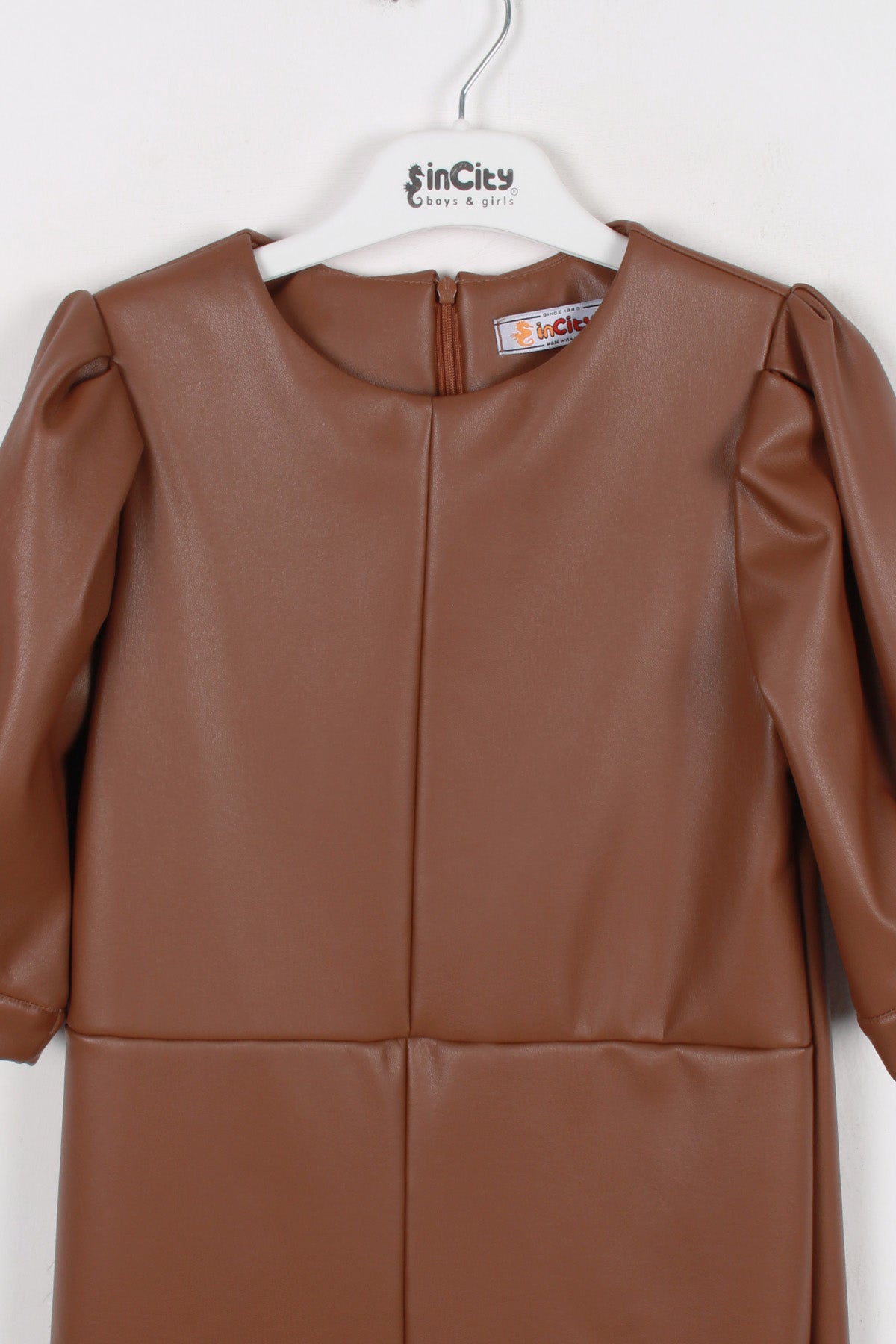 InCity Kids Kız Çocuk Yarım Kol Suni Deri Elbise