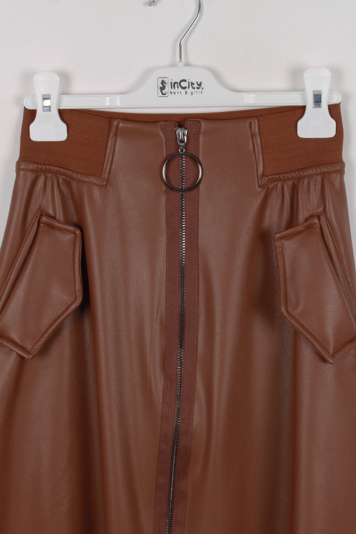 InCity Kids Kız Çocuk Cepli Önü Fermuarlı Diz Altı Suni Deri Etek